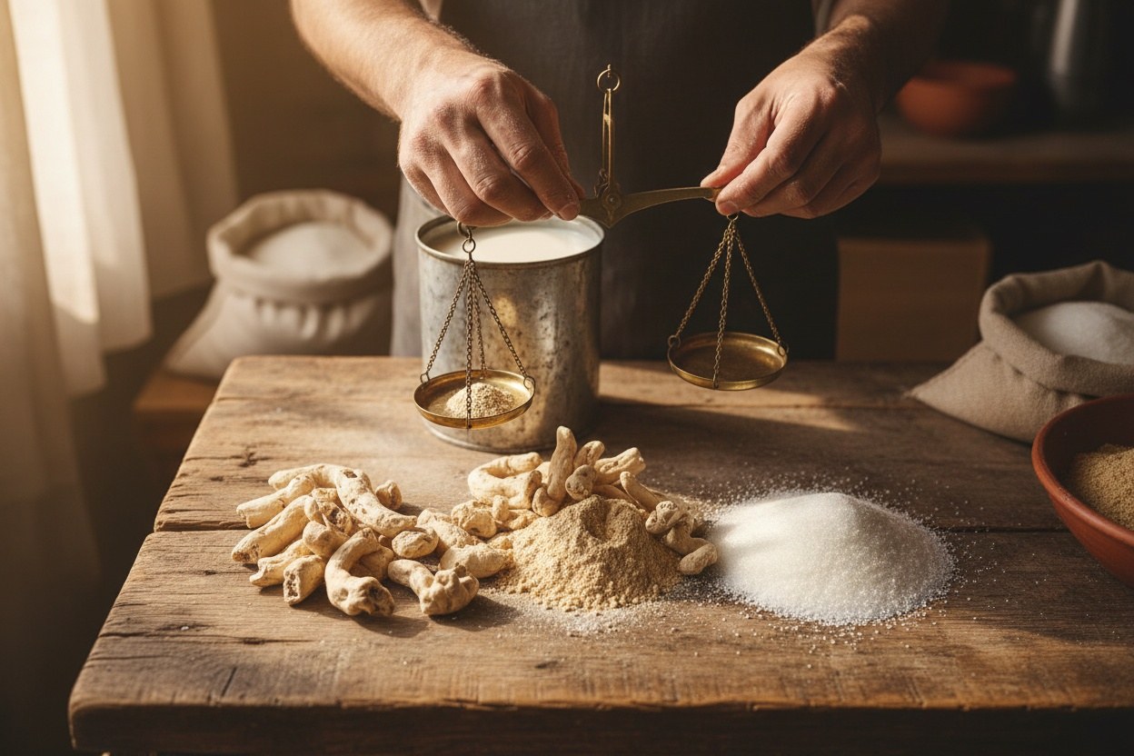 Köz & Salep atölyesinin ahşap tezgâhında salep kökü, keçi sütü ve bakır kaplar